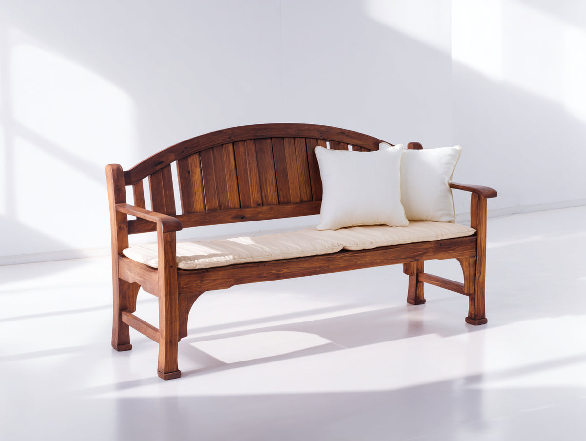 Bancos de jardín de madera 150 x 62 x 90 cm - marrón y beige claro - banco de 3 plazas con respaldo curvo y reposabrazos