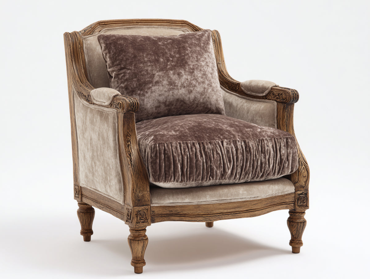 Sillones de una plaza de terciopelo y madera 85x80x90 cm - beige-marrón - diseño clásico para salón