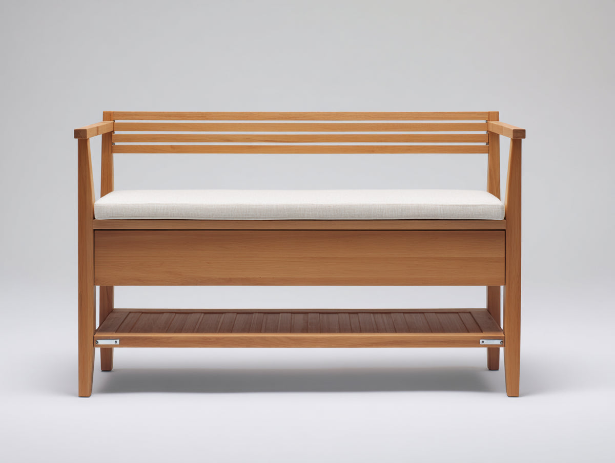 Bancos de jardín de madera maciza 140x60x90 cm - madera natural y crema - asiento acolchado con respaldo de listones y estante inferior estilo moderno