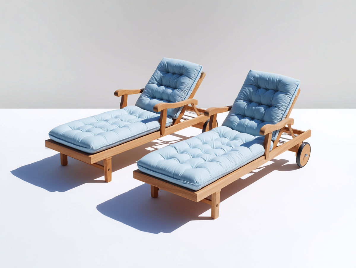 Tumbonas de exterior de madera con cojín acolchado 190x70x95 cm - madera natural-azul claro - diseño ajustable para jardín