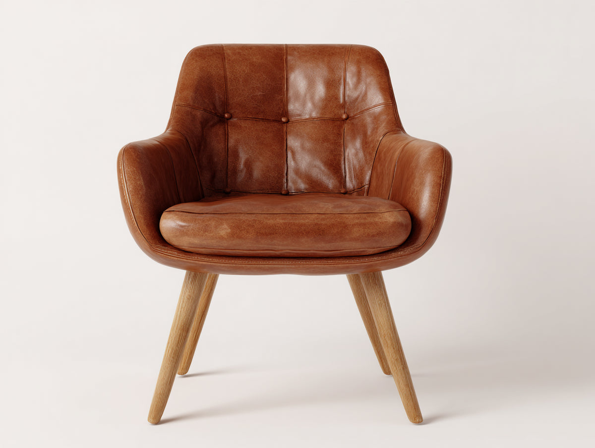 Sillones 78 x 75 x 82 cm - Marrón coñac y madera natural - Sillón tapizado efecto cuero con respaldo capitoné y reposabrazos envolventes