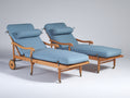 Tumbonas 200 x 70 x 95 cm - Madera natural y azul - Juego de 2 tumbonas con respaldo reclinable y ruedas