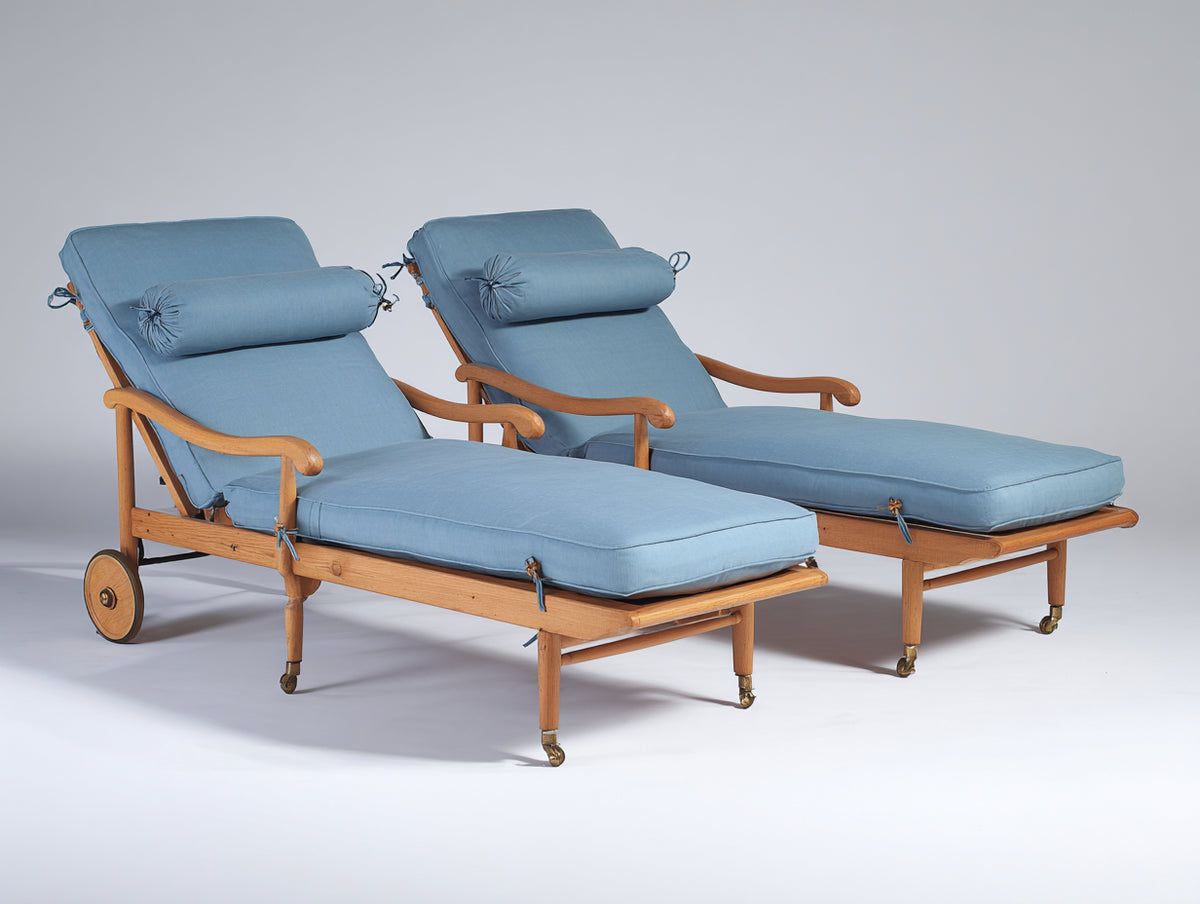 Tumbonas 200 x 70 x 95 cm - Madera natural y azul - Juego de 2 tumbonas con respaldo reclinable y ruedas
