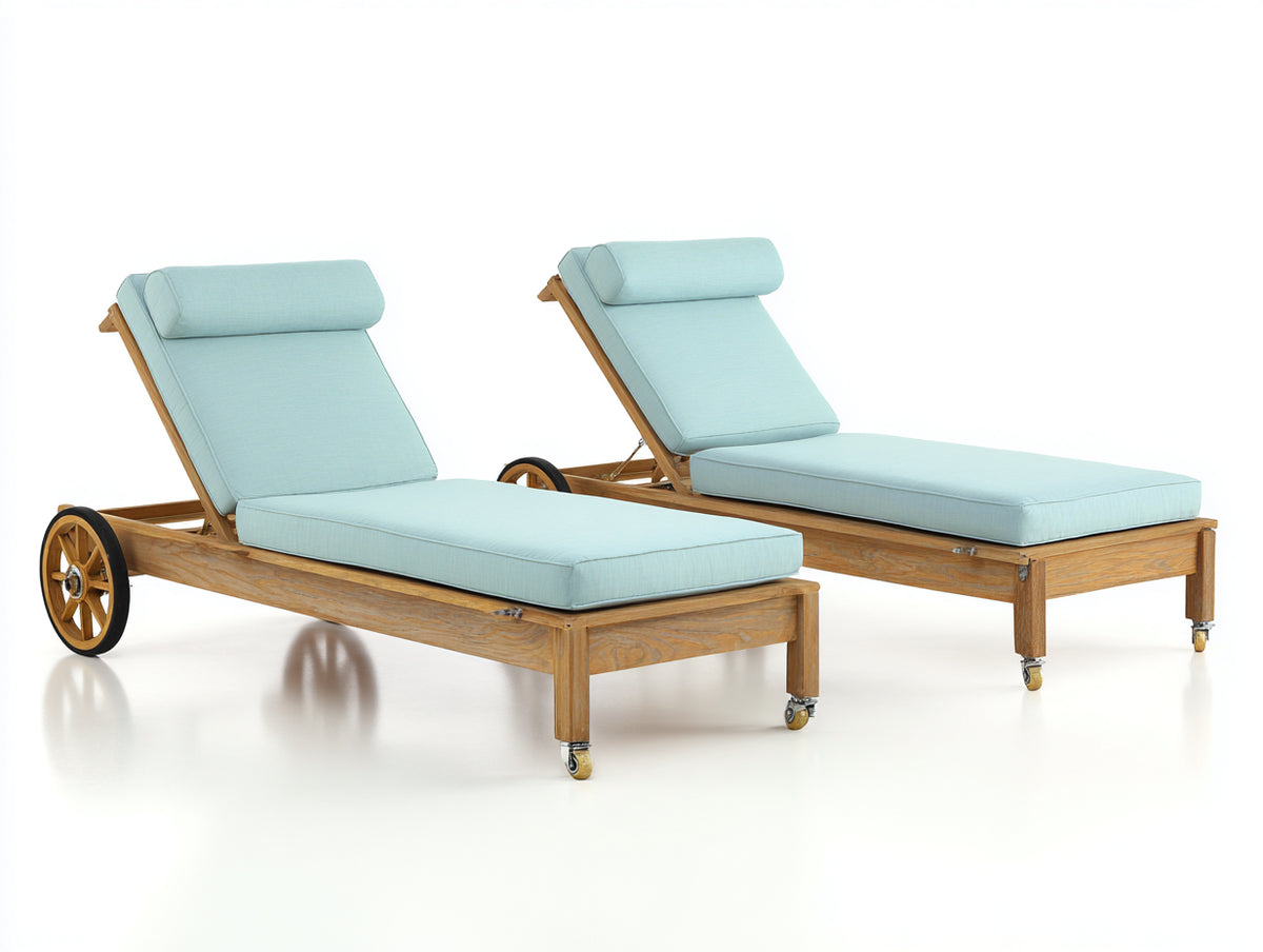 Tumbonas de madera 200 x 75 x 92 cm - madera natural y azul claro - juego de 2 con respaldo reclinable y ruedas