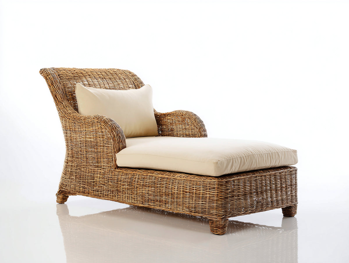 Tumbonas de ratán 165 x 85 x 88 cm - marrón natural y beige - tumbona individual con respaldo envolvente y asiento acolchado