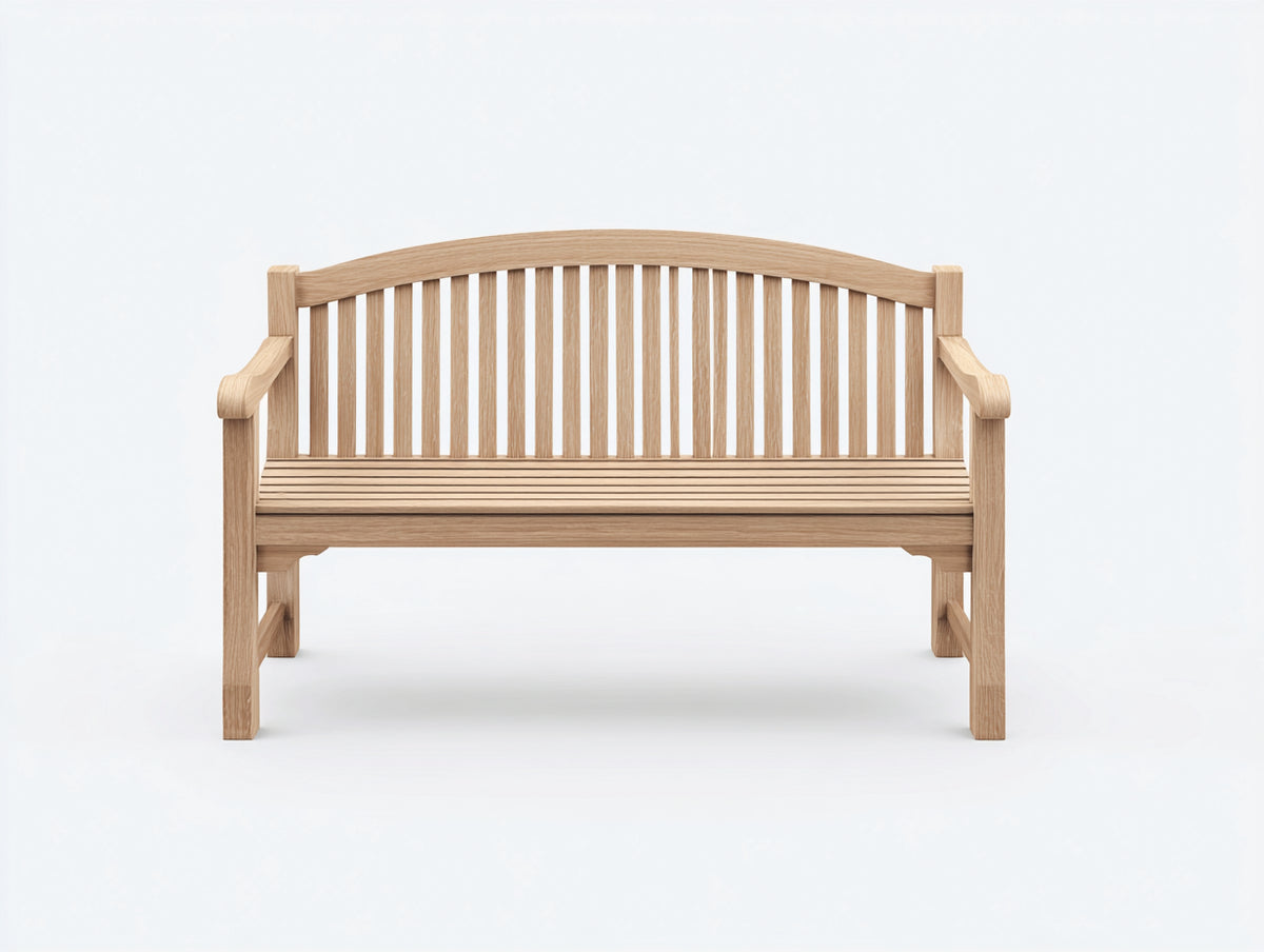 Bancos de jardín de madera maciza 150x62x92 cm - madera natural - respaldo arqueado de listones con reposabrazos estilo clásico